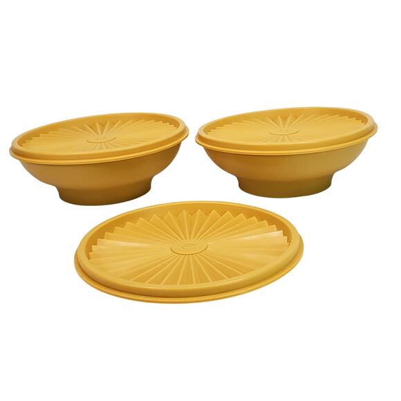 3 Vtg Tupperware Cereal Storage Bowls 890 Lids 808 Tableware 5 Piece Set Yellow - Picture 2 of 6
